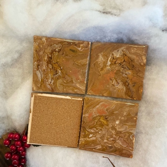 Set of 4 coasters Gold tones Hand painted Acrylic sealed w/resin Cork backing - Picture 5 of 6